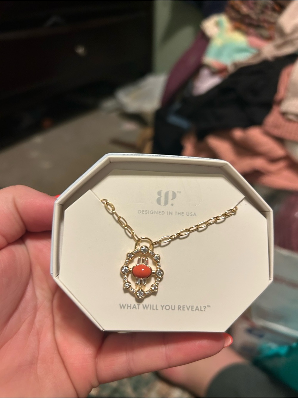 Gold Chain Necklace with Coral Pendant and Crystals - Designed in the USA